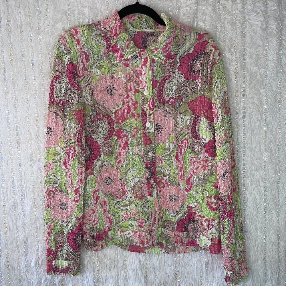 Pucker Krinkle Button Up Blouse Womens XLARGE Semi Sheer Pink Floral Long Sleeve